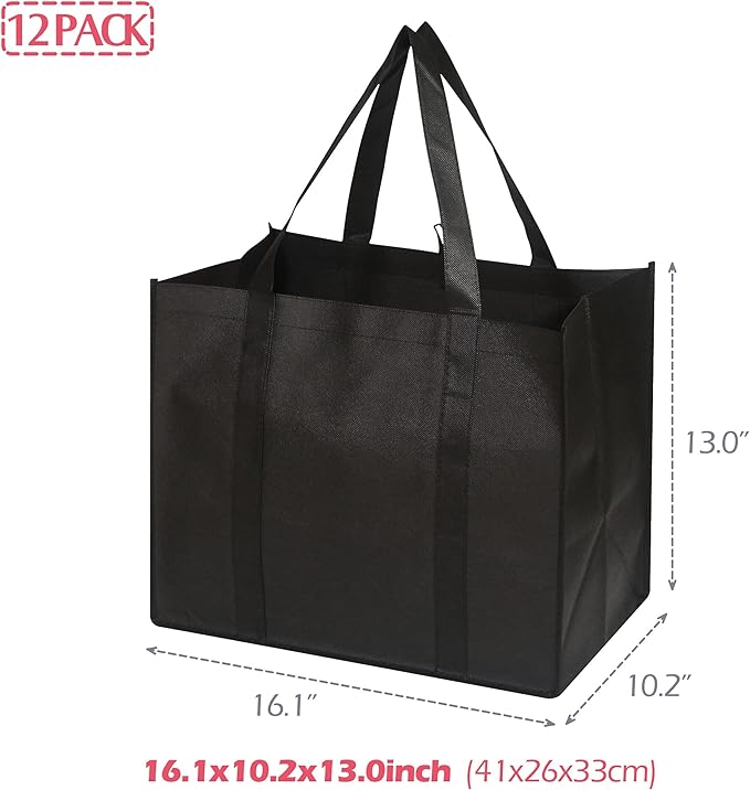DIOMMELL 12 Pack Reusable Grocery Bags Large Foldable Heavy Duty Shopping Tote Produce Bag with Reinforced Handles for Groceries Clothes Vegetables Fruit, Black