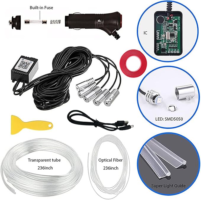 Interior Car LED Strip Lights RGB Fiber Optic Trim Lighting 5 in 1，Wireless APP Ambient Lighting Kits 236 inches Fiber Optic, 16 Million Colors Car Neon Lights, Music Sync