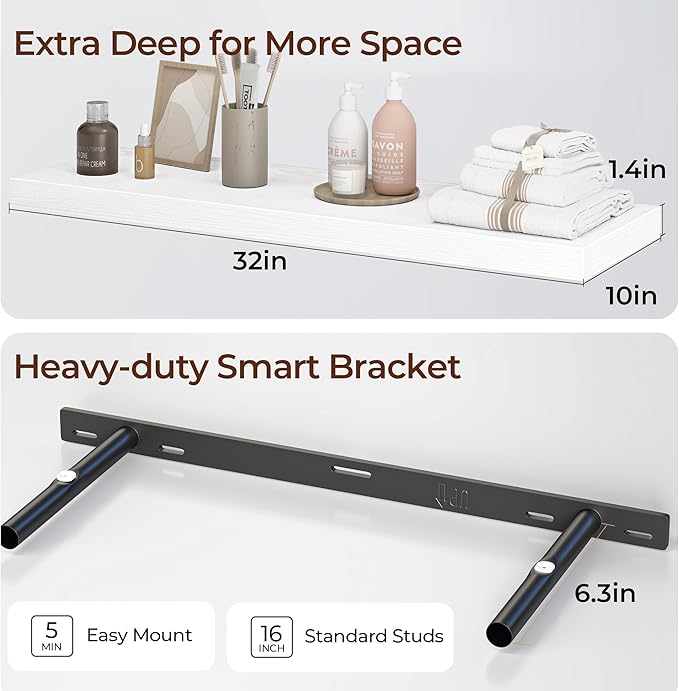 Fun Memories Floating Shelves for Wall 32 Inch Set of 3, Farmhouse Floating Shelves with Invisible Heavy Duty Bracket, 10 Inc