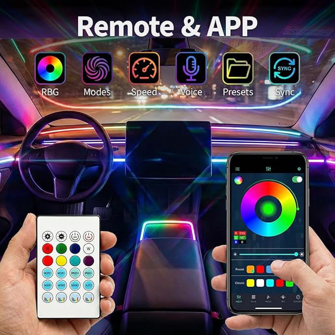 Ambient Lighting Car Led Lights Interior Kit,6 in 1 RGB Music Sync Acrylic Led Lights for Car Interior,175 inches DIY Fiber Optic Neon Accent Strip Ambiance Lighting with Wireless APP Remote