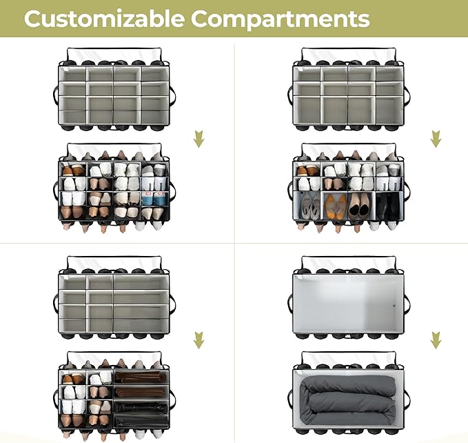 Shoe Organizer for Closet, Shoe Storage Solution with Clear Cover & Adjustable Dividers, Fabric Shoe Box Fits 16 +12 Pairs Sh