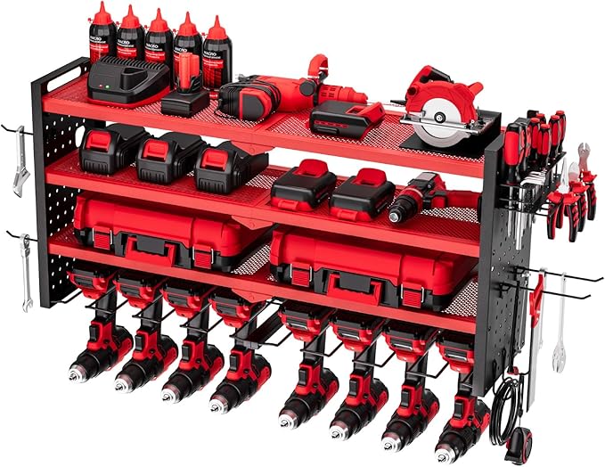 VEVOR Power Tool Organizer Wall Mount, 4-Layer Storage Rack with 8 Drill Holders, Tools Holder and Storage Rack with Side Peg