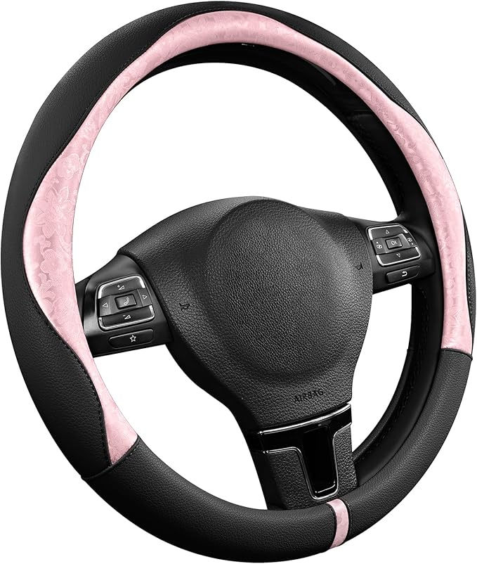 PIC AUTO Steering Wheel Cover, Pink Patterned & Black Leather Patchwork Design, Universal Fit 14.5"–15.5", Anti-Slip, Odor-Fr