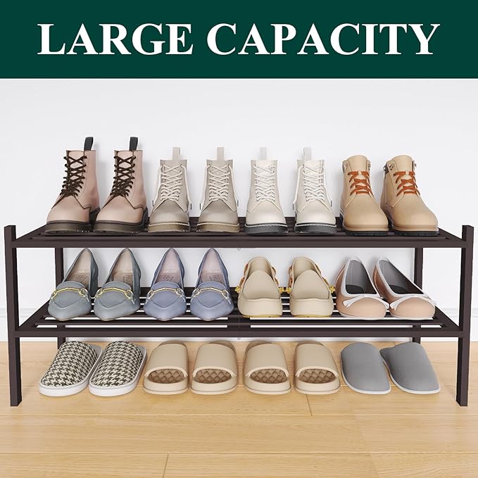 Smiry Long Bamboo Shoe Rack 2-Tier, Stackable Wooden Shoe Organizer for Entryway & Closet, Free Standing Wood Shoe Storage Sh