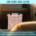 Car Garbage Bag Vintage Pink Groovy Flowers Drawstring Car Trash Bag Hanging for Back Seat with Adjustable Buckle Canvas Vehicle Trash Can Easy-to-Install