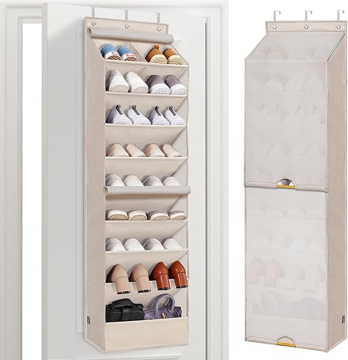 STORAGE MANIAC Over the Door Shoe Organizer with Curtain Dustproof Heavy-Duty Large Deep Pocket Hanging Shoe Organizer for Cl