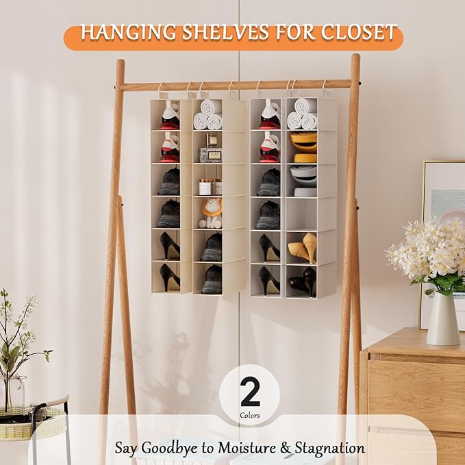 VERONLY Hanging Shoe Shelves - 6 Section,Closet Organizer Set of 2 with Woven Bamboo Shelves,Slim 5.5” Wide Design for Space-