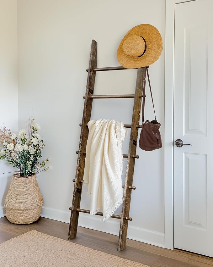 TEAKMAMA 6-Tier Blanket Ladder with Hanging Knobs,5.5 Ft Wall Leaning Blanket Ladders for Living Room Bedroom,Rustic Decorati