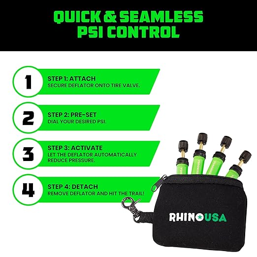 Rhino USA Adjustable Tire Deflator Kit (10-30 PSI) Ultimate Screw-on Automatic Tire Deflators for Offroad - Quick & Easy Air Down System for The Trails - Best Jeep Off Road Accessories (4-Pack) -Green