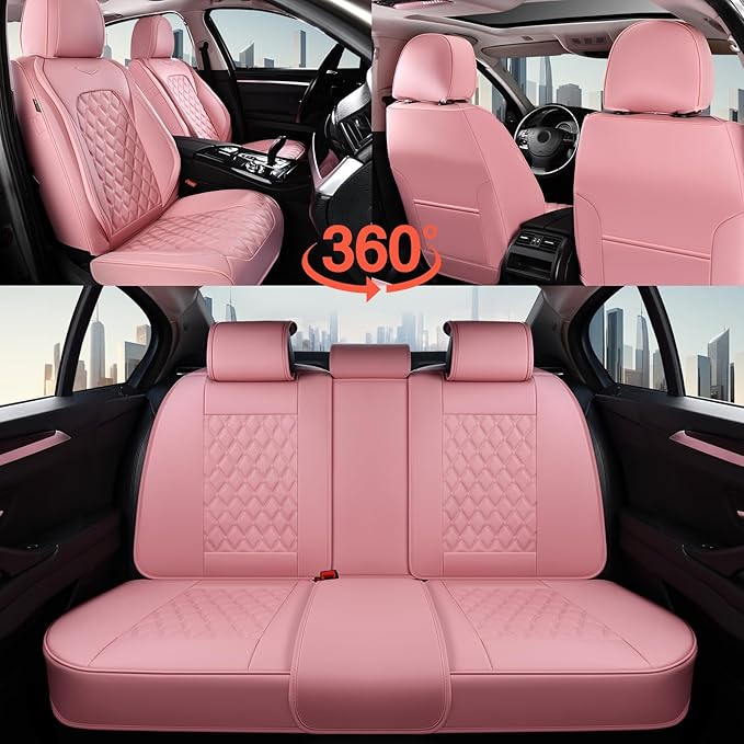 Coverado Full Set Car Seat Covers, Luxury Faux Leather Waterproof Seat Covers, Pink Car Seat Protectors, Universal Fit for Mo