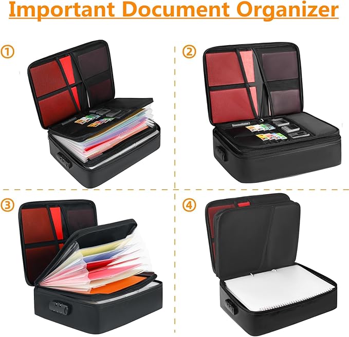 Fireproof Document Box File Organizer with Lock, Fireproof Document Bag Waterproof Fire Proof File Boxes Travel Important Doc