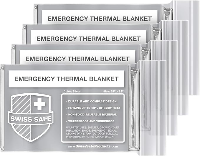 Swiss Safe 4 Pack Mylar Emergency Blankets for Survival - Compact & Insulated for Cold Weather - Designed for NASA, Outdoor, 