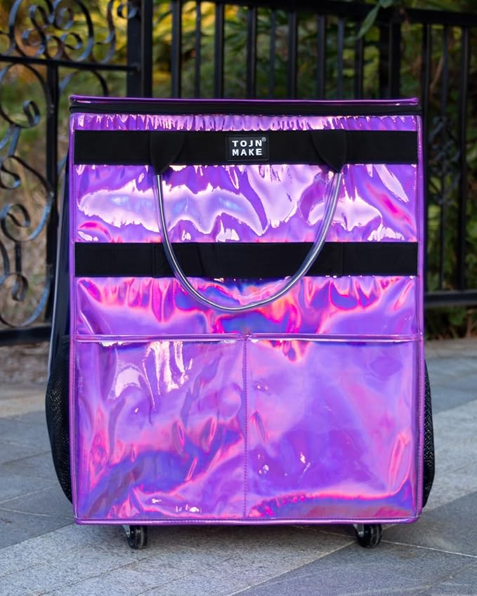 Reusable Grocery Bag with Wheels (Large, Glitter Purple), Rolling Shopping Bag with 8 Pockets and Zipper Cover Foldable Rolling Tote for Women, Travel, Garden, Carries Up to 76LBS