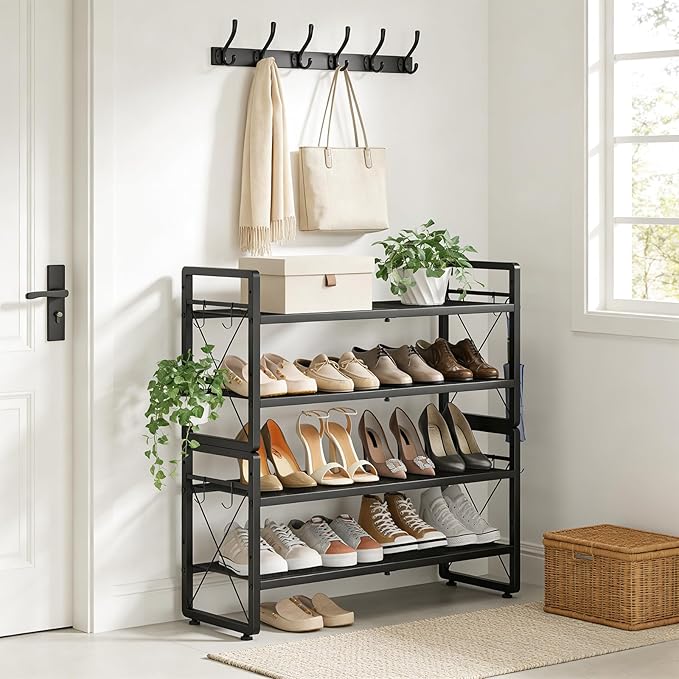 ELYKEN Shoe Rack, 4-Tier Expandable Shoe Organizer for Entryway, Metal Black Shoe Shelf with 4 Hooks, Adjustable Shoe Stand H