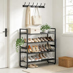 ELYKEN Shoe Rack, 4-Tier Expandable Shoe Organizer for Entryway, Metal Black Shoe Shelf with 4 Hooks, Adjustable Shoe Stand H