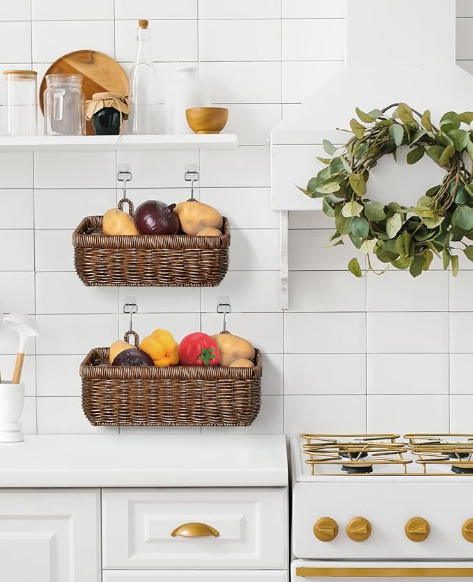 AceList Wall Hanging Basket, Boho Style Hand-Woven Hanging Storage Baskets - Set of 2, Ideal for Boho Room Decor, Kitchen, Ga