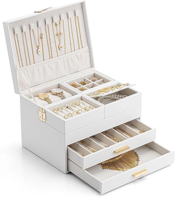 Vlando 4 Layers Jewelry Box - Women Jewelry Box with Retractable Tray - Jewelry Organizer with Drawer for Necklaces, Rings, B