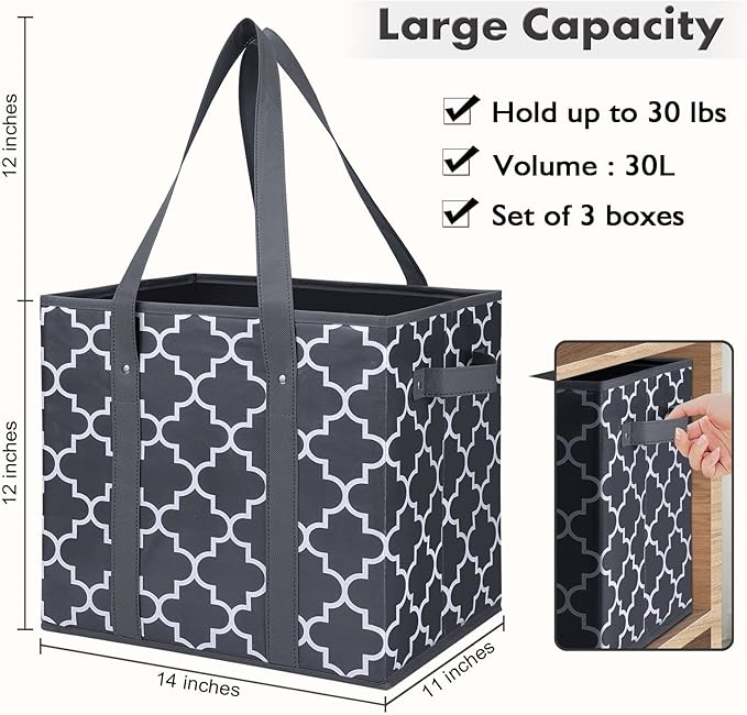 WISELIFE Reusable Grocery Bags 3-Pack Foldable Washable Large Storage Bins Basket Water Resistant Shopping Tote Bag Dark Grey