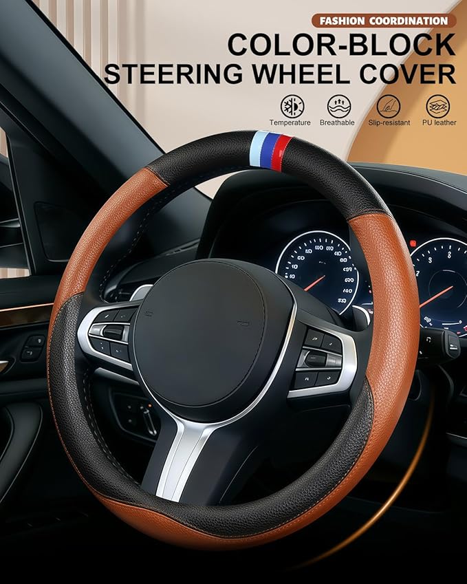 Steering Wheel Cover for BMW Leather Car Steering Wheel Covers Universal for Car SUV Truck with Anti-Slip Lining 14.5-15inch 