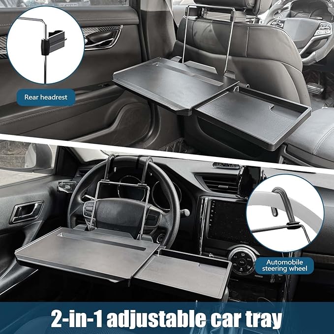 Black 2-in-1 Car Steering Wheel Laptop Holder & Backseat Tray with Adjustable Multipurpose Desk Car Accessories for Eating, Writing, Laptop Work with Cup Holder - Ideal for Constant Travelers