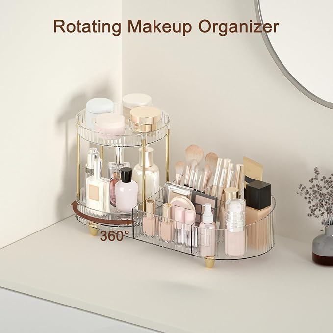 Makeup Organizer Countertop for Vanity, Rotating Perfume Tray with 5-compartment Cosmetic and Skincare Organizers, Multi-Purp