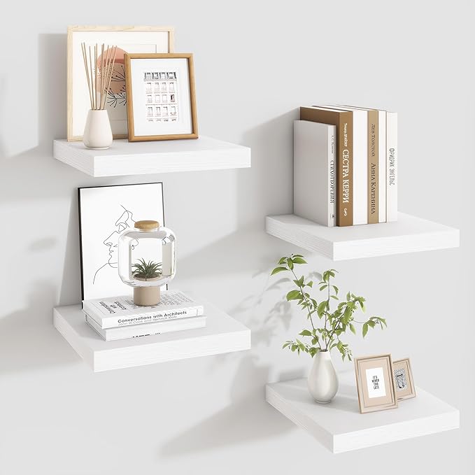 Fun Memories Floating Shelves for Wall - 9.3 Inch Square Shelves with Invisible Brackets, White Small Wall Shelf for Living R