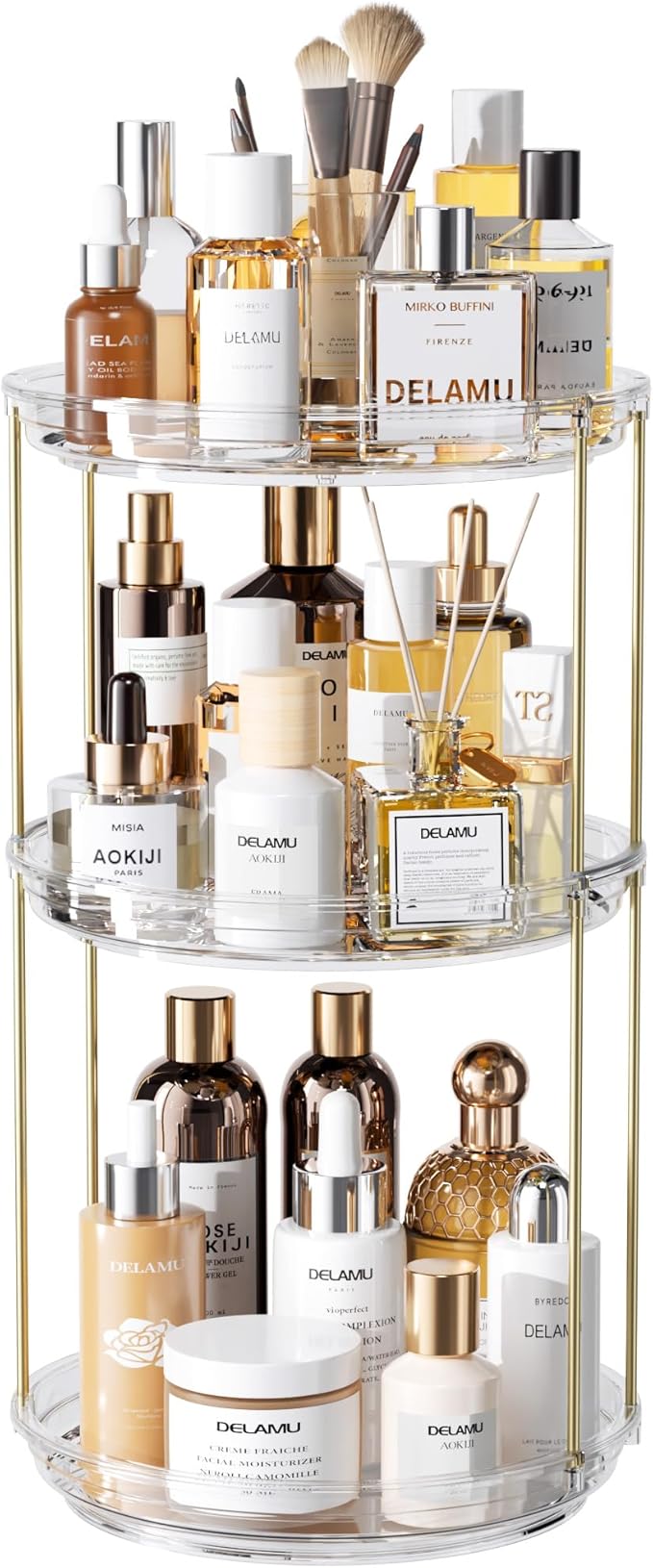 Delamu 3 Tier Rotating Makeup Organizer for Vanity, Skincare Organizer for Bathroom Counter, Spinning Perfume Organizer Cosme