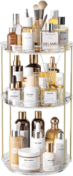 Delamu 3 Tier Rotating Makeup Organizer for Vanity, Skincare Organizer for Bathroom Counter, Spinning Perfume Organizer Cosme