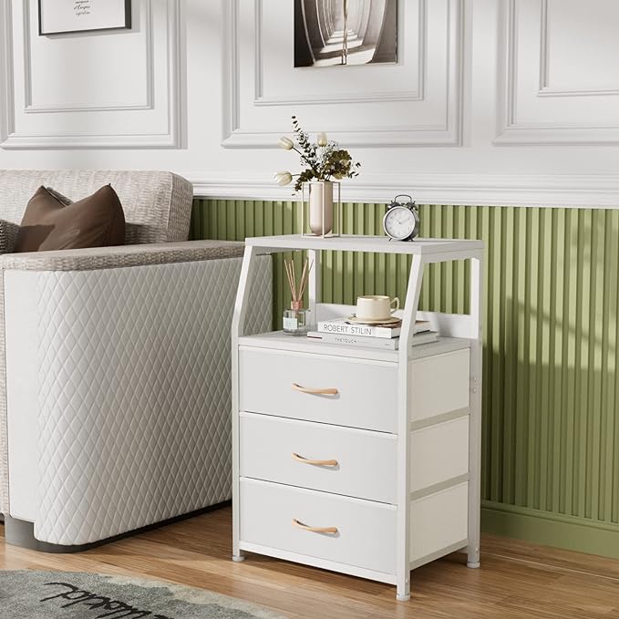 Furnulem White Nightstand with 3 Drawers and 2-Tier Shelf, Small Night Stand End Table Side Furniture, Fabric Storage Organiz