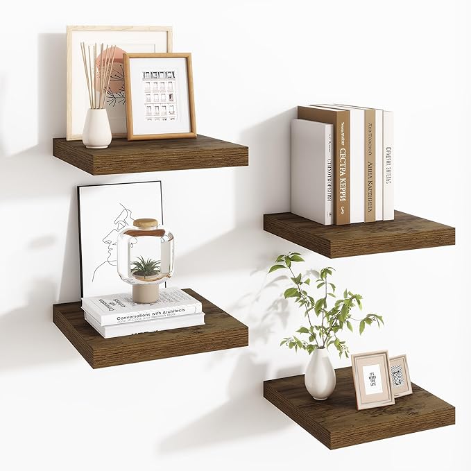 Fun Memories Square Floating Shelves for Wall - 9.3 Inch Deep Floating Shelves with Invisible Brackets, Brown Small Wall Shel