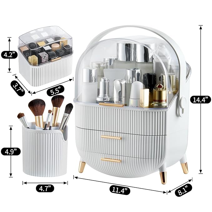 CANITORON Makeup Organizer,Skincare Organizer with 2 Drawers and Brush Storage Box,Lipstick Holder,Cosmetic Display Case for 