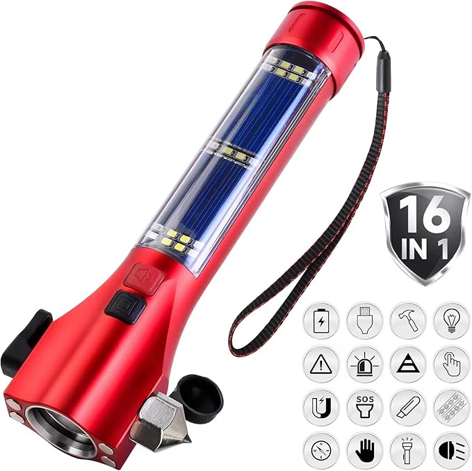 Car Flashlights for Emergencies, Window Breaker Seatbelt Cutter Multifunction Solar Flashlights, Waterproof LED Flashlight Re