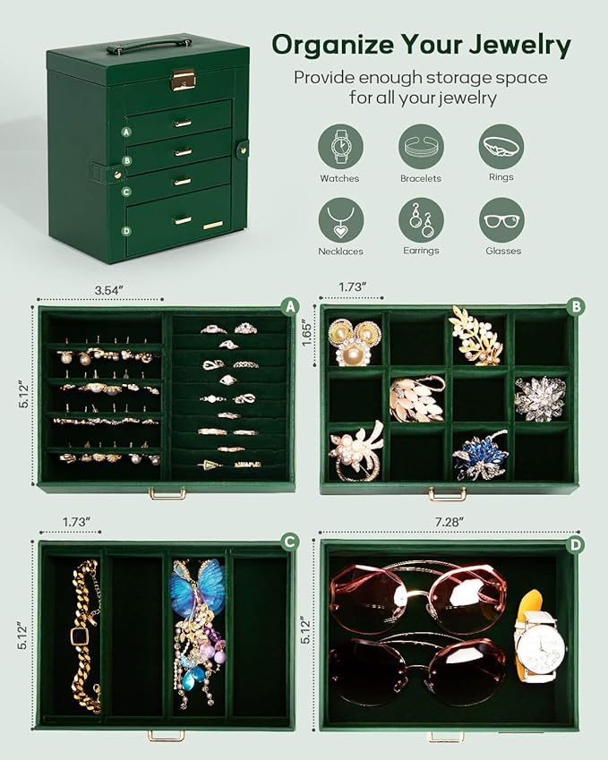 Homde Synthetic Leather Huge Jewelry Box Mirrored Watch Organizer Necklace Ring Earring Storage Lockable Gift Case (Forest Gr