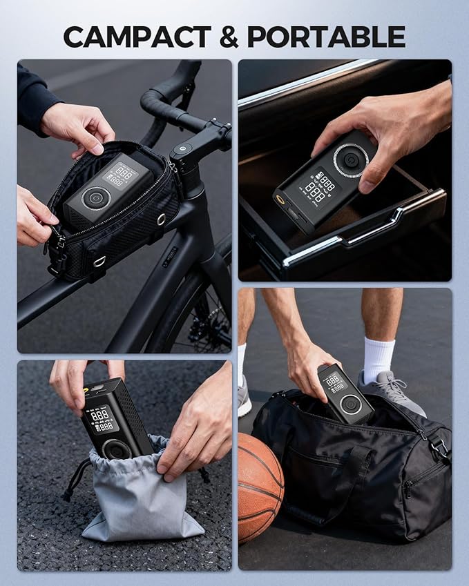 Tire Inflator Portable Air Compressor with Type-C Charging, Digital Pressure Gauge, LED Light, Smart Air Pump for Car, Motorcycle, Bike, Ball