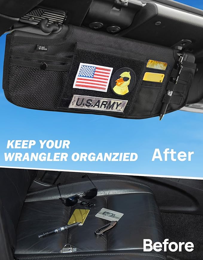 JOYTUTUS Sun Visor Organizer Compatible with 2018-2026 Wrangler JL & Gladiator JT, Driver's Side Front Tactical Visor Storage Cover Molle Webbing Visor Storage Holder Pouch, Multi-Pocket Net Zipper