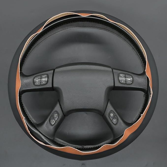 MEWANT Hand-Stitched Steering Wheel Cover for Chevy Silverado 1500 2003-2006 Trailblazer Black Brown Faux Leather Wrap