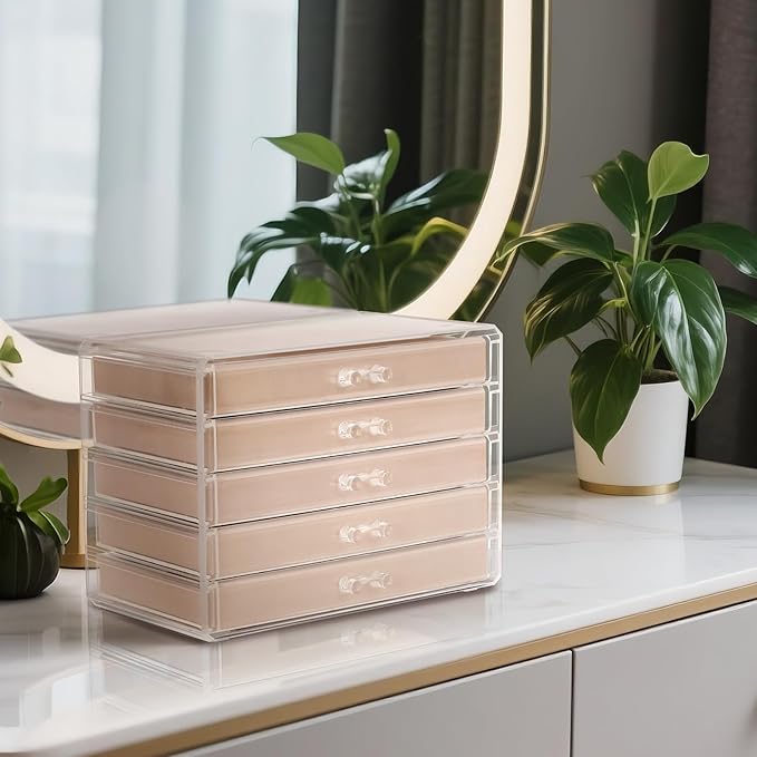 FEISCON Jewelry Box Organizer，Acrylic Storage Organizer with 5 Drawers Adjustable Velvet Trays grid size Jewelry Storage Box 