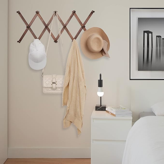SCUNDA 16 inch High Accordion Wall Hanger with 14 Hooks, Wooden Wall Expandable Coat Rack for Coat, Hats, Baseball Caps, Coff