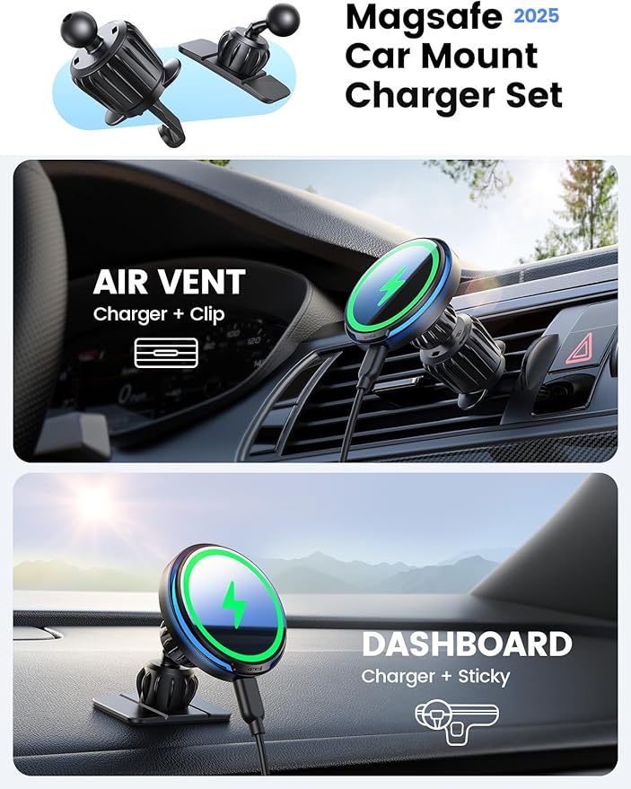 Lamicall for MagSafe Car Mount Charger - 15W Magnetic Wireless Car Charger Vent Dashboard, 360° Rotation Magnetic Phone Holder for Car Charging HandsFree for iPhone 17 16 Pro Max