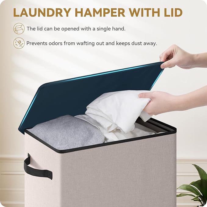 SOLEDI Slim Laundry Hamper with Lid, Narrow Laundry Basket with Removable Bags, Dirty Clothes Hamper with handle, Small Hampe