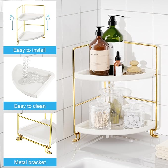 FSyueyun 2-Tier Corner Bathroom Counter Organizer, Tool-Less Installation Vanity Shelf Small Plastics Countertop Makeup Tray 