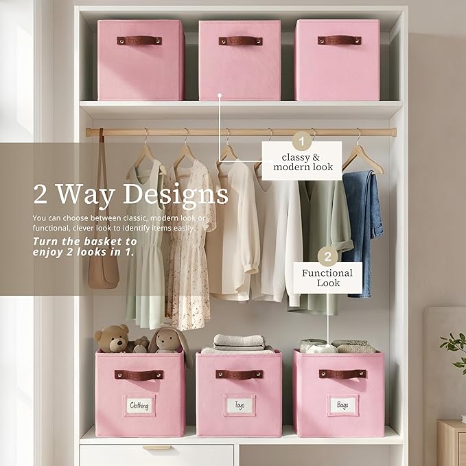DECOMOMO Storage Bins, Cube Storage Bin with Labels, Fabric Storage Cubes for Shelves (10.5" x 11" / 6pcs, Pink)