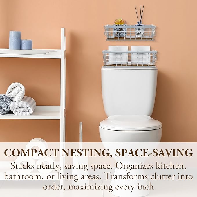 MyGift 13 and 12 Inch Nesting Storage Baskets with Handles, Wall Mounted or Tabletop White Metal Wire and Premium Acacia Wood