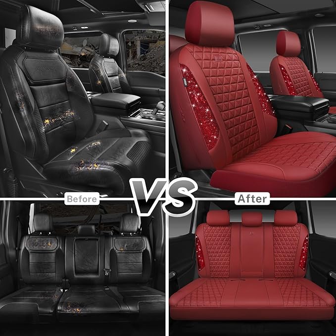 CAR PASS Bling Diamond Burgundy Leather Car Seat Covers Full Sets Interior Sets, Waterproof Shining Glitter Sparkly Crystal U
