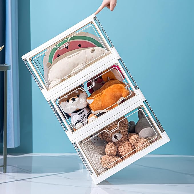HYBRIDEAS 3-Pack Clear Stackable Storage Bins with Lids Magnetic Doors Open Front Foldable Folding Plastic Craft Containers L