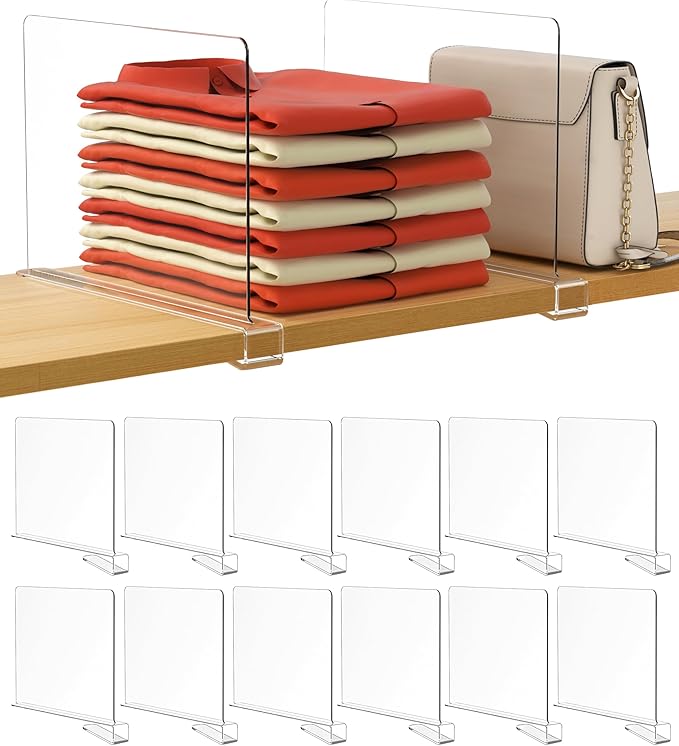 HBlife 12 Pcs Clear Acrylic Shelf Dividers, Vertical Purse Organizer for Closet Perfect for Sweater, Shirts, Handbags in Bedr