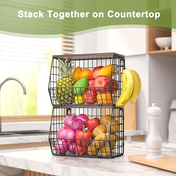Wawocs Fruit Basket for Kitchen Counter 2 Tier Fruit Bowl, Stackable Wall Mounted Hanging Fruit Basket Wire Baskets with Wood