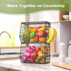 Wawocs Fruit Basket for Kitchen Counter 2 Tier Fruit Bowl, Stackable Wall Mounted Hanging Fruit Basket Wire Baskets with Wood