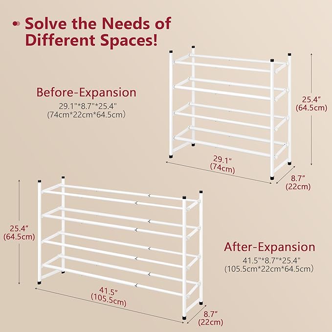 Tajsoon Expandable Shoe Rack for Closet 4 Tier, 29“-41“Adjustable & Stackable Shoe Shelf Storage, Metal Shoe Rack Organizer f