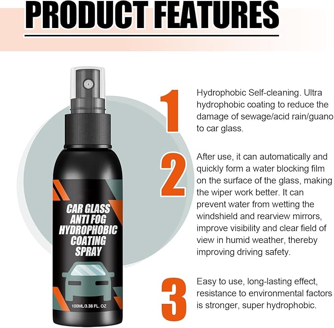 Car Glass Anti-Fog Hydrophobic Coating Spray, 3.38 FL OZ, Water Repellent, Self-Cleaning for Windshield and Mirrors